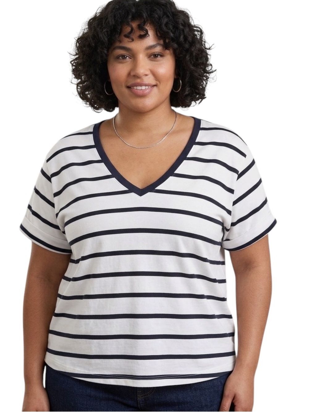 Athleta Classic White with Navy Stripes V Neck Short Sleeve T Shirt